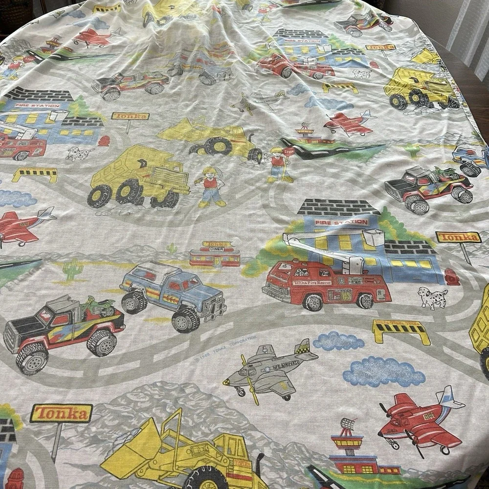 Vintage Tonka Truck Flat And Fitted Sheet Set Construction Planes Fire trucks